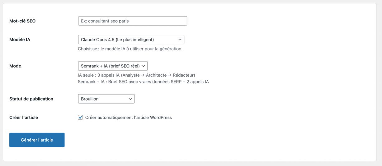 Fenêtre pour rédiger des articles à l'unité