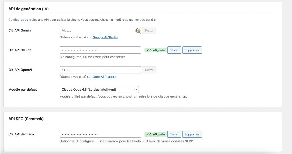 Réglage des clés API